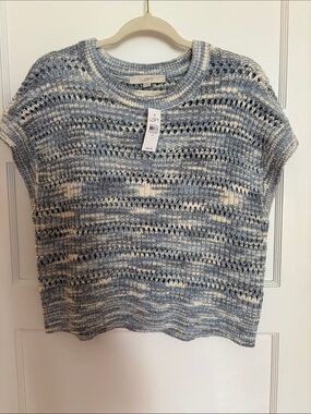 LOFT New Blue & Cream Open Weave Sleeveless Top. Size M. Cotton and Acrylic.